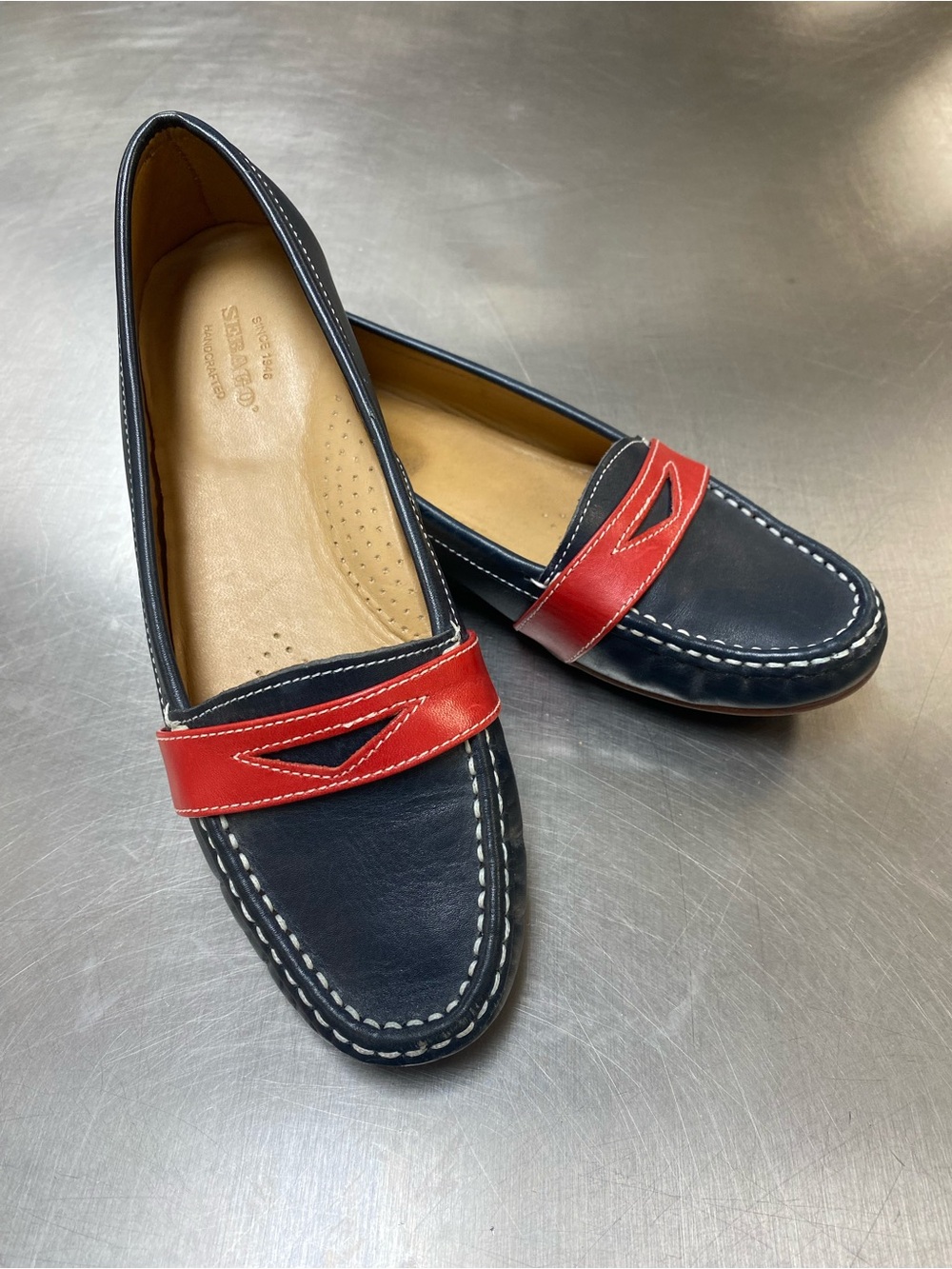 Sebago Navy Leather Loafers with Red Strap Size 7.5